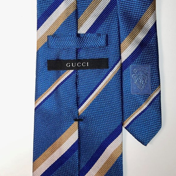 Silk Gucci Narrow Tie - Light Blue W/Diagonal Multi Colored Stripes - EUC - Picture 2 of 4